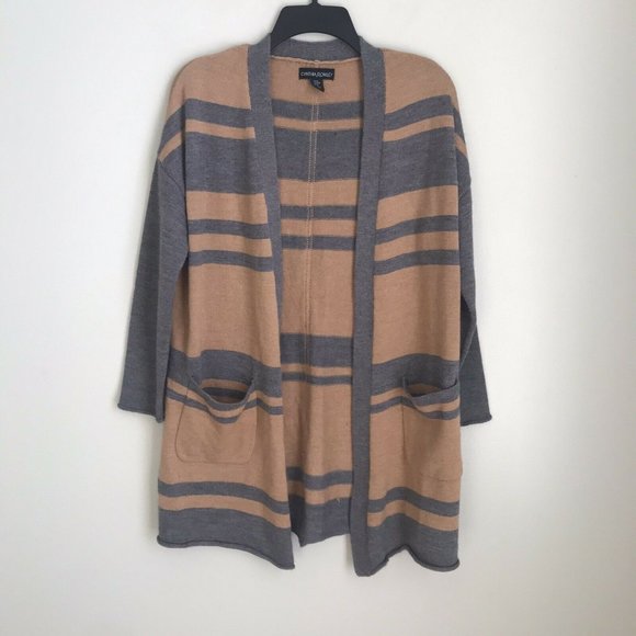 Cynthia Rowley Beige Gray Striped Cardigan - Picture 1 of 5